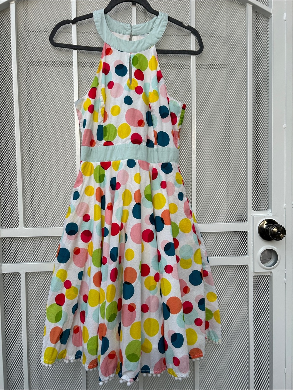 Multicolor Polka Dot Halter Dress - Light Blue Trim
